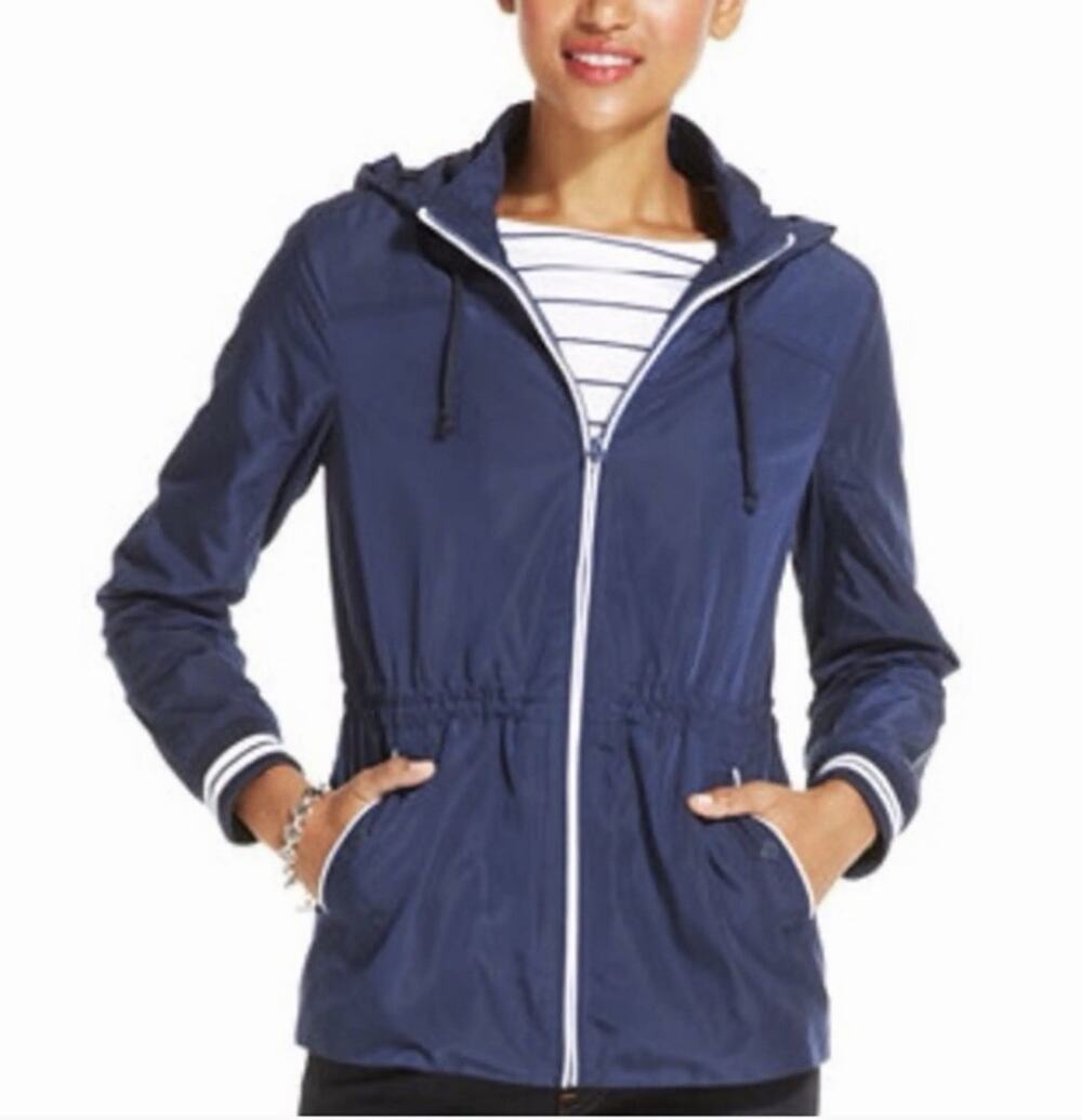 Tommy Hilfiger Rain Jacket Hoodie Cinch Waist Navy Windbreaker Packable Full Zip